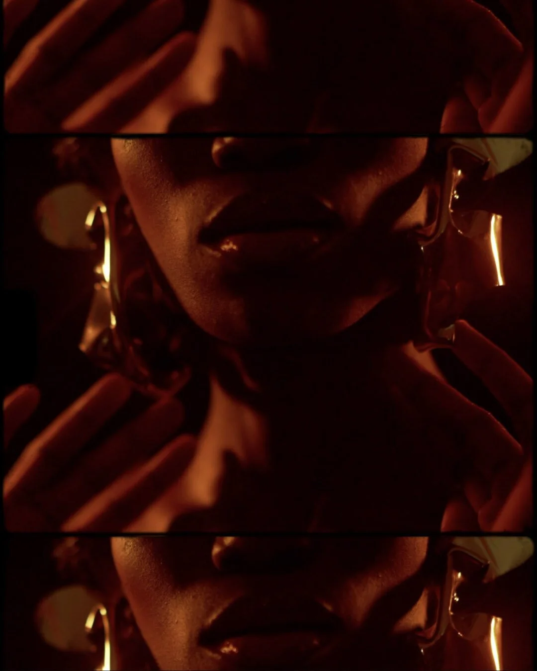 Close-up of a woman's face, wearing large earrings and glasses, illuminated by warm, low lighting. The photo is repeated three times in a vertical sequence.