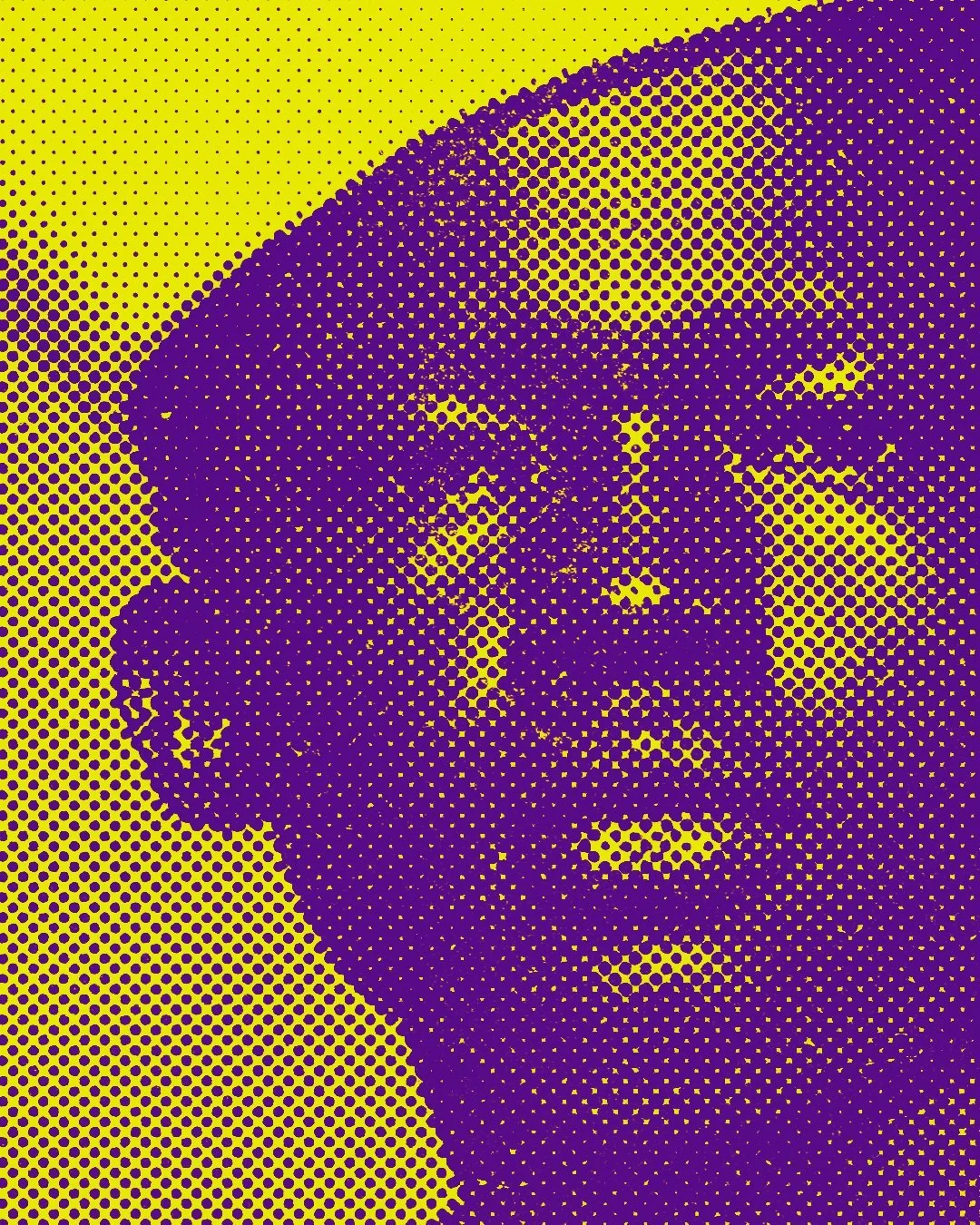 Pop art style portrait of a person with short hair and a serious expression, depicted in purple and yellow halftone dots.