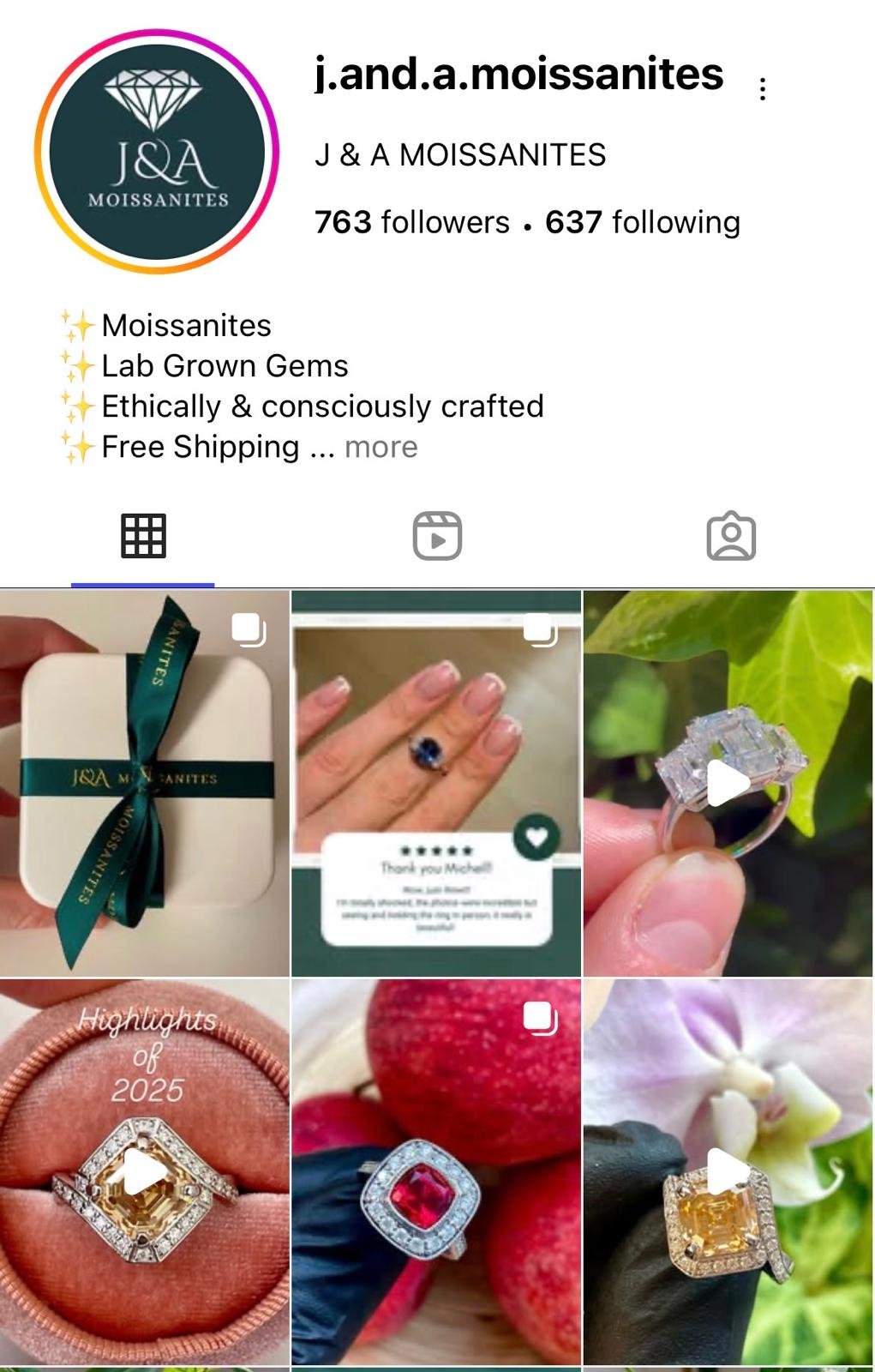 Instagram profile page for J&A Moissanites, featuring 3 images of jewelry including sapphire, ruby, and yellow gemstone rings, a person holding a ring, a gift box, and a digital payment confirmation.
