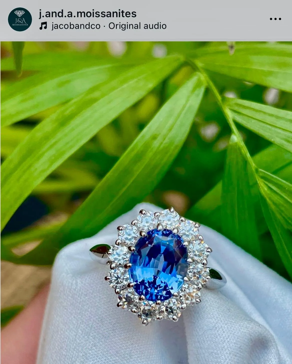 Close-up of a silver ring with a large oval blue gemstone surrounded by smaller clear gemstones, worn over a white cloth with green leaves in the background.