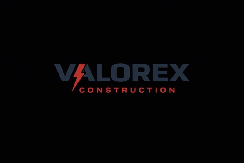 Black background with the logo for VALOREX CONSTRUCTION, featuring the word 'VALOREX' in dark blue with a red lightning bolt in the 'A', and 'CONSTRUCTION' written below in red.