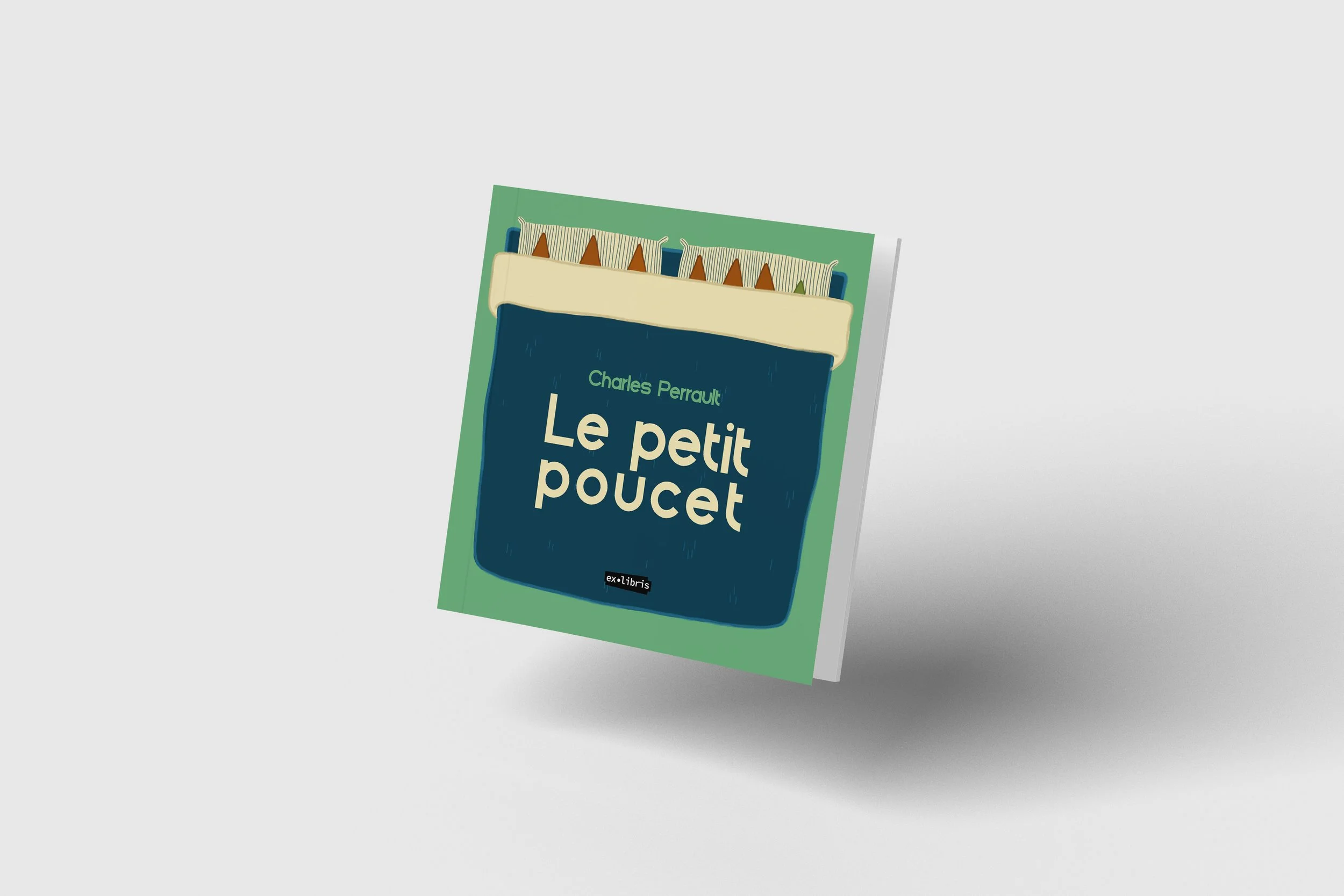 Couverture de livre illustrée avec grand lit dont dépasse sept chapeaux pointus, titre "Le petit poucet" de Charles Perrault.