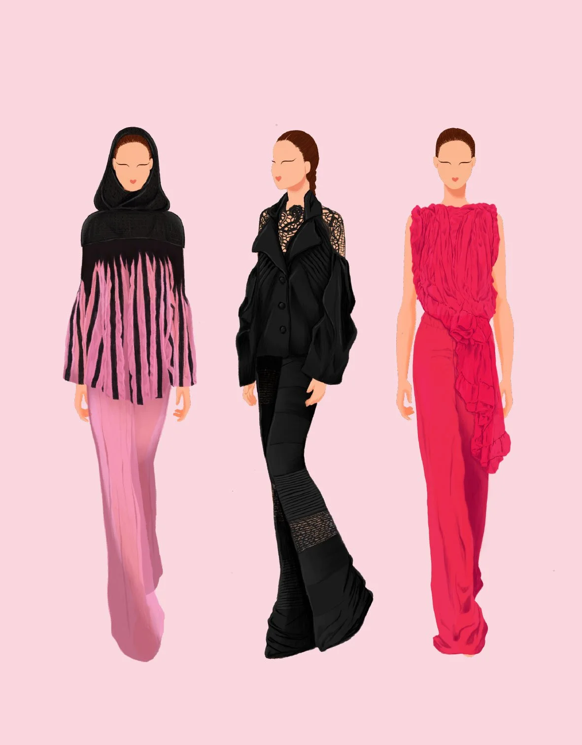 Illustration de trois femmes portant des tenues de mode sophistiquées, sur un fond rose clair.