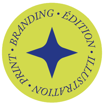 Logo circulaire avec une boussole stylisée au centre, entourée des mots : 'PRIX, BRANDING, ÉDITION, L'ILLUSTRATION' en français sur un fond vert clair.