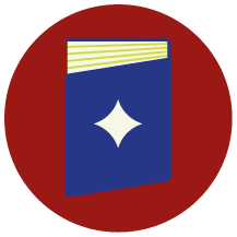 Icône d'une carte ou d'un livre avec une étoile brillante dessus, sur un fond circulaire rouge.