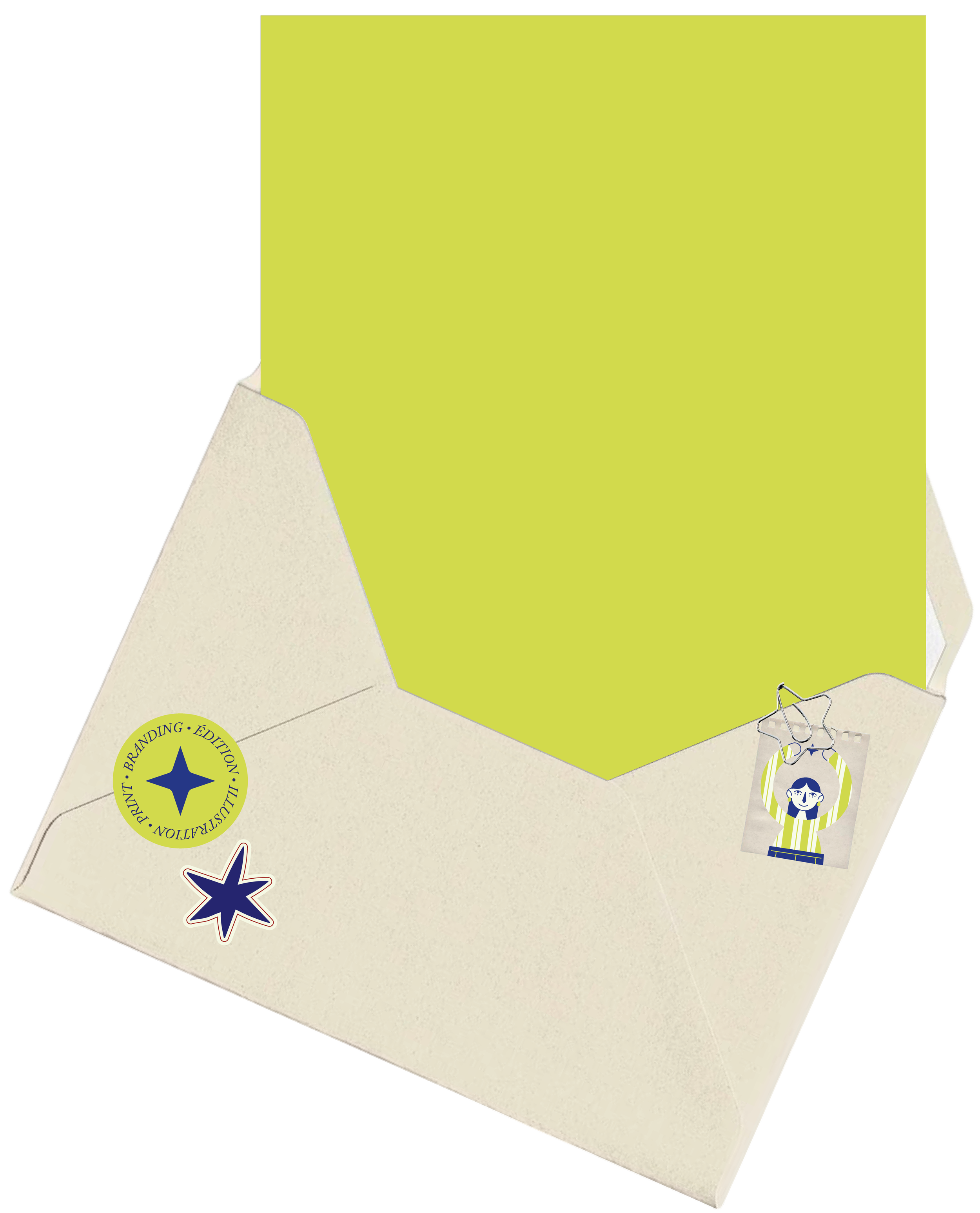 Une enveloppe blanche avec des autocollants, dont un autocollant jaune avec une étoile bleue et le texte 'BRANDING, ÉDITION, LICENSING, AUTORISATION', et un autocollant avec une personne stylisée. L'enveloppe a également une pince à linge en fil métallique attachée à une petite carte avec un dessin d'une personne en costume rayé.