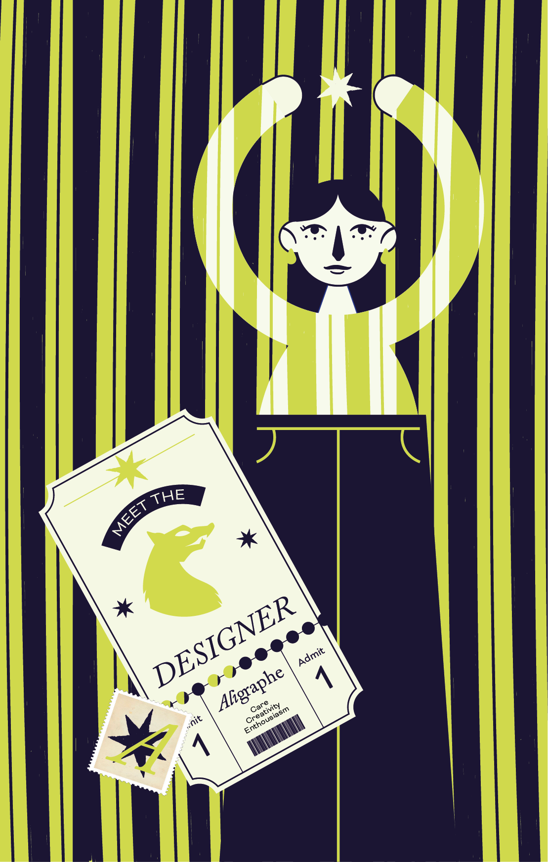 Illustration d'une femme avec un chapeau noir et des boucles d'oreilles, tenant un billet d'entrée pour une rencontre avec un designer, dont un autre billet avec un logo de loup est aussi visible.