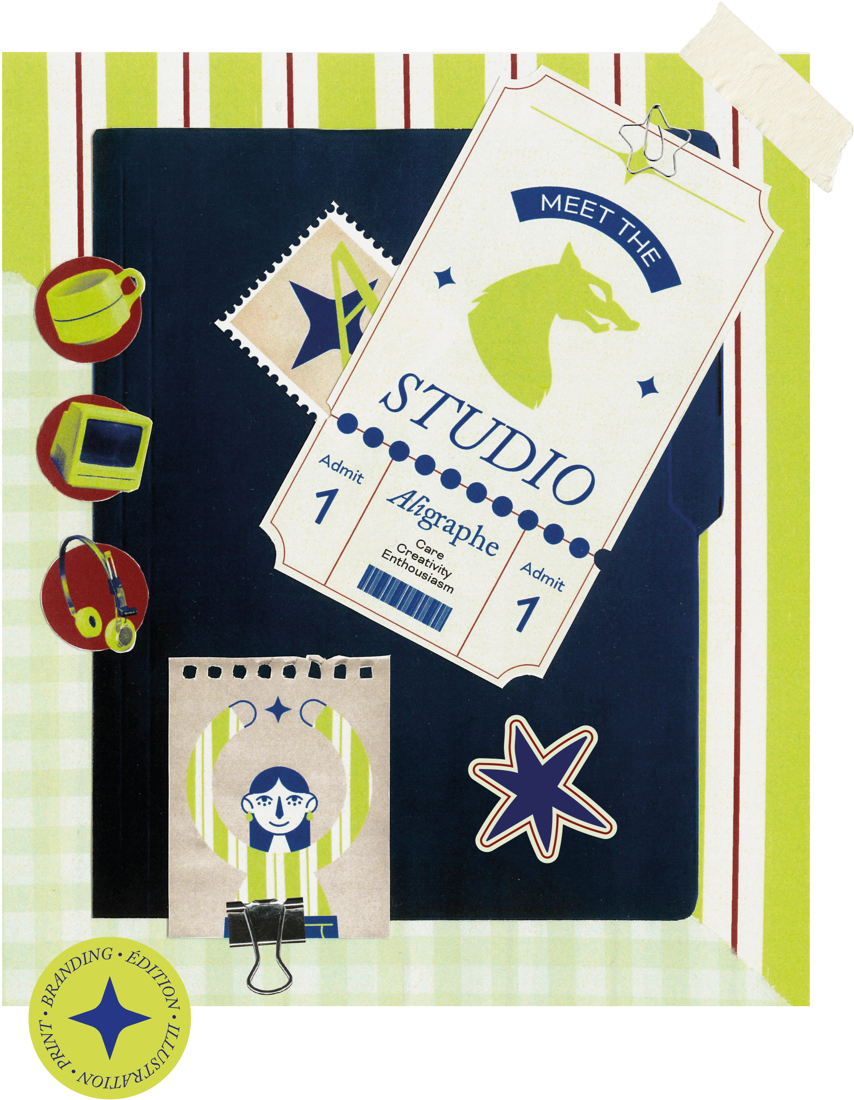 Carte d'invitation pour un studio d'arts graphiques avec des icônes de livres, de casque audio, et d'objets d'arts.---