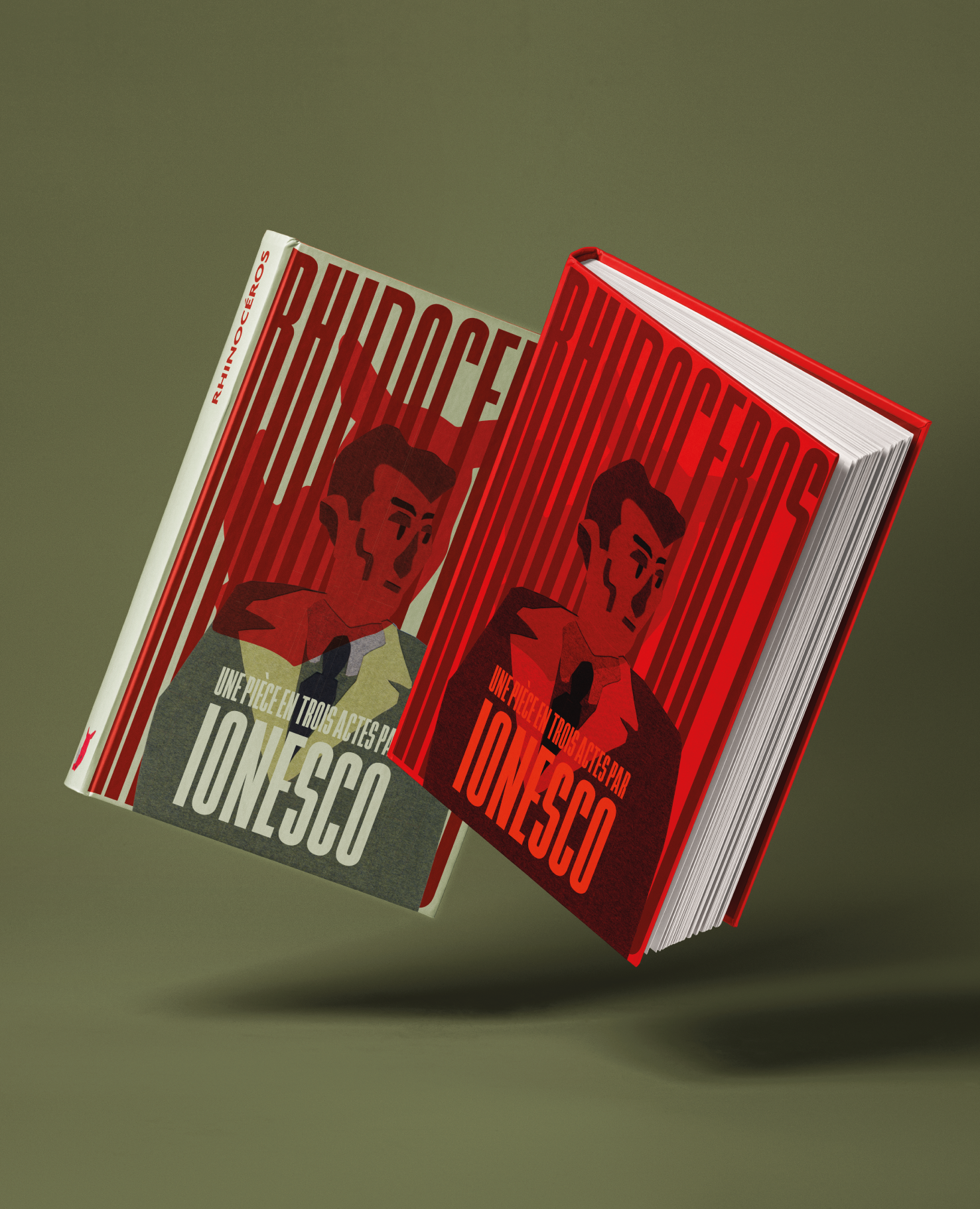 Deux livres avec la couverture illustrée d'un homme dans un style graphique, titre en français 'Rhodeoers' et sous-titre 'Une pièce en trois actes par Ionesco', en rouge et blanc sur fond vert olive.