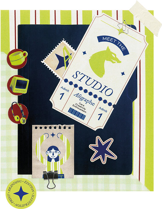 Un carnet de croquis avec des objets créatifs : tasses, écouteurs, personnage en papier, tickets d'entrée pour un studio d'enregistrement ou d'enregistrement de musique, avec une bande dessinée en dessous. Fonds rayé coloré en vert, blanc et rouge.