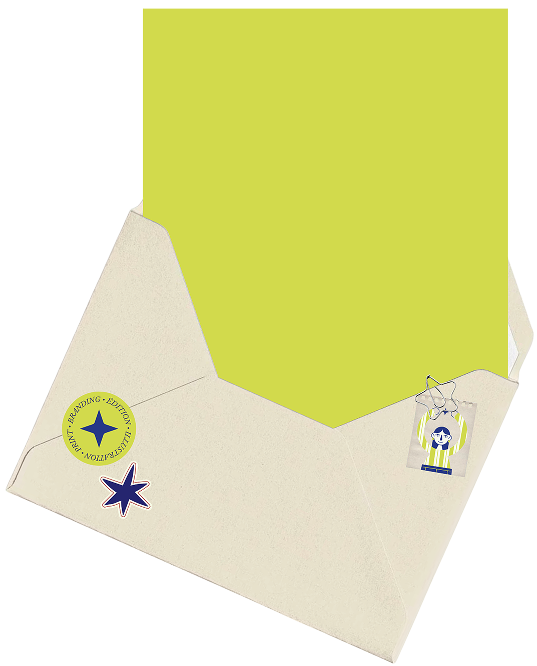 Une enveloppe blanche avec des autocollants de décoration : un cercle jaune avec une étoile bleue et le texte 'LIFESTYLE, BRANDING, ÉDITION, ILLUSTRATION', une étoile bleue avec un contour blanc, et un badge avec un visage d'enfant et des rayures vertes et blanches.