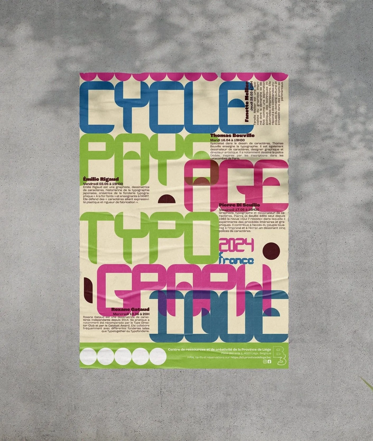 Affiche colorée annonçant des événements liés à la typographie, avec des noms comme Thomas Bouville, Emilie Rigaud, Pierre Di Scillio, Roxane Gataud, et des dates et heures, sur un fond gris.