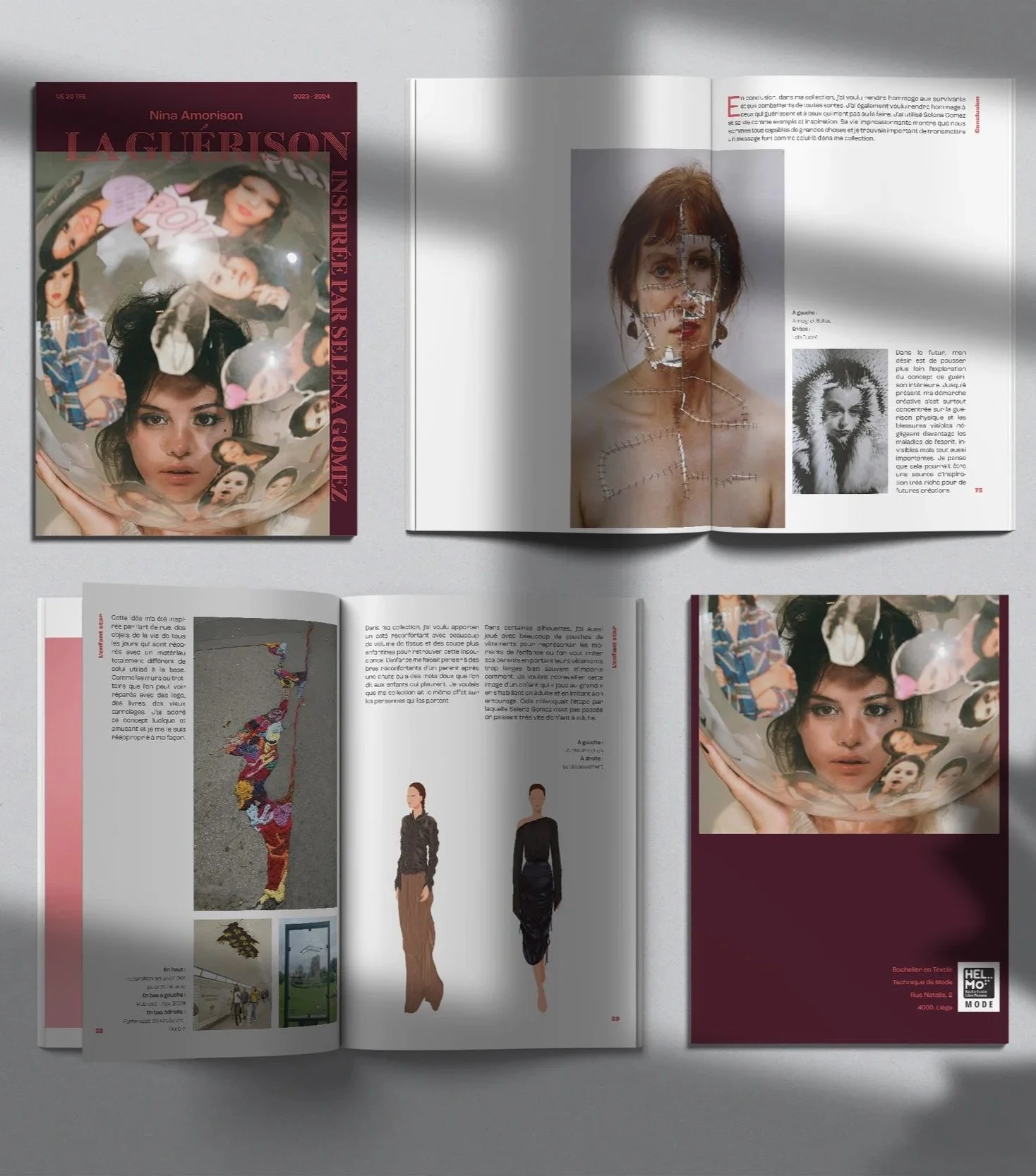 Magazine ouvert présentant des articles sur la mode, un portrait artistique d'une femme avec des pièces métalliques sur le visage, et une couverture de magazine avec une femme tenant un bol.