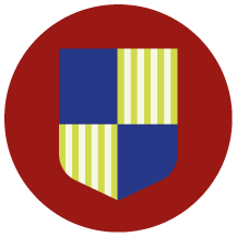 Un écusson avec des sections bleues et verticales jaunes sur fond rouge