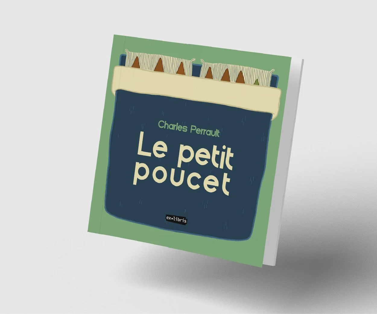 Couverture du livre "Le petit poucet" de Charles Perrault, illustrée avec une armoire bleue et des petits triangles en haut.