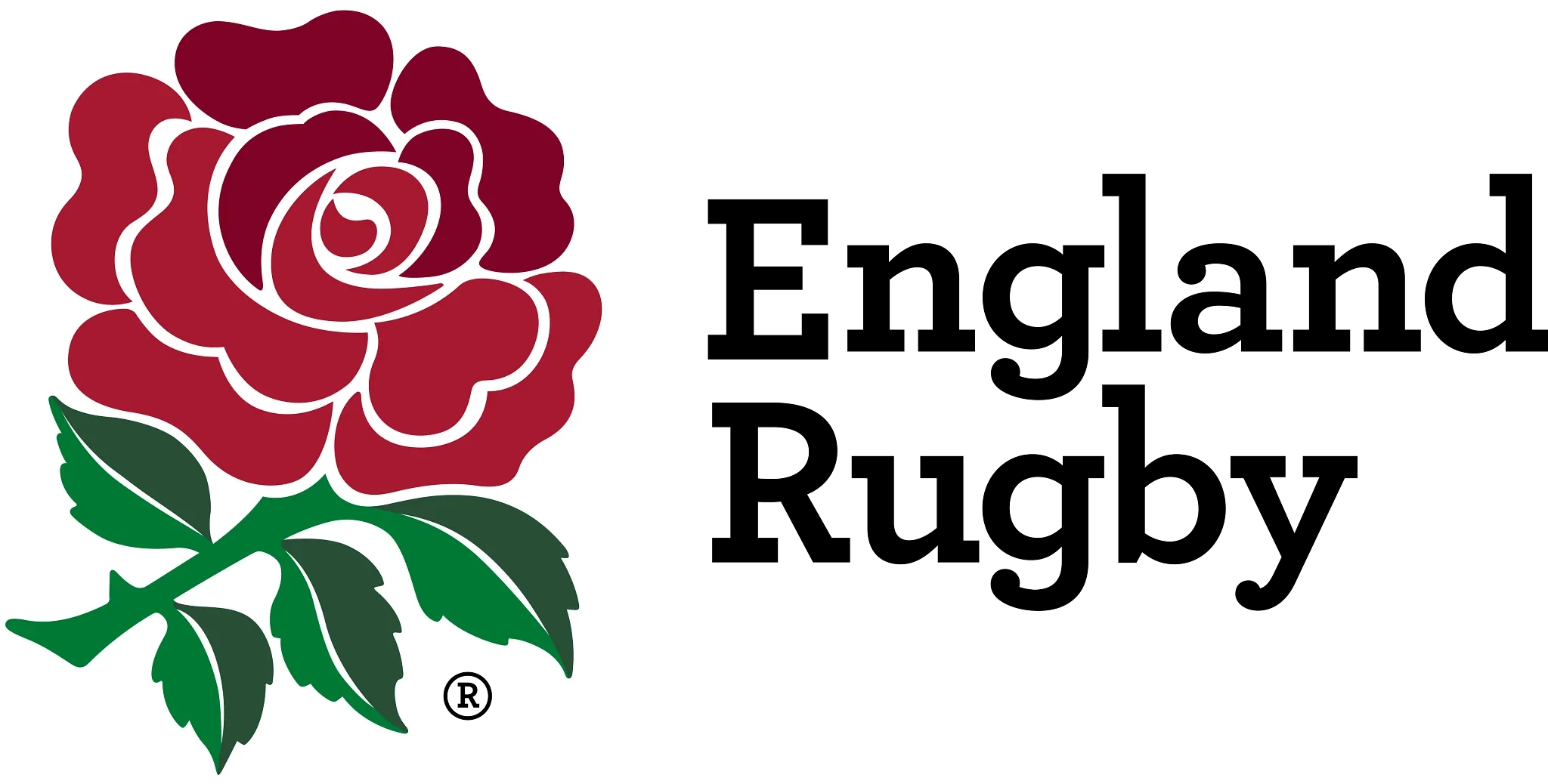 A red rose with green leaves next to the text 'England Rugby' in black font and stylized lines.