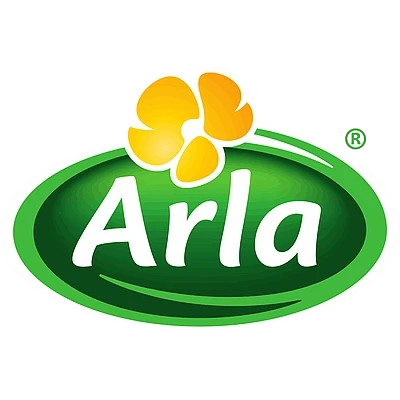 Arla logo with a yellow flower above a green oval background containing the word "Arla" in white text.