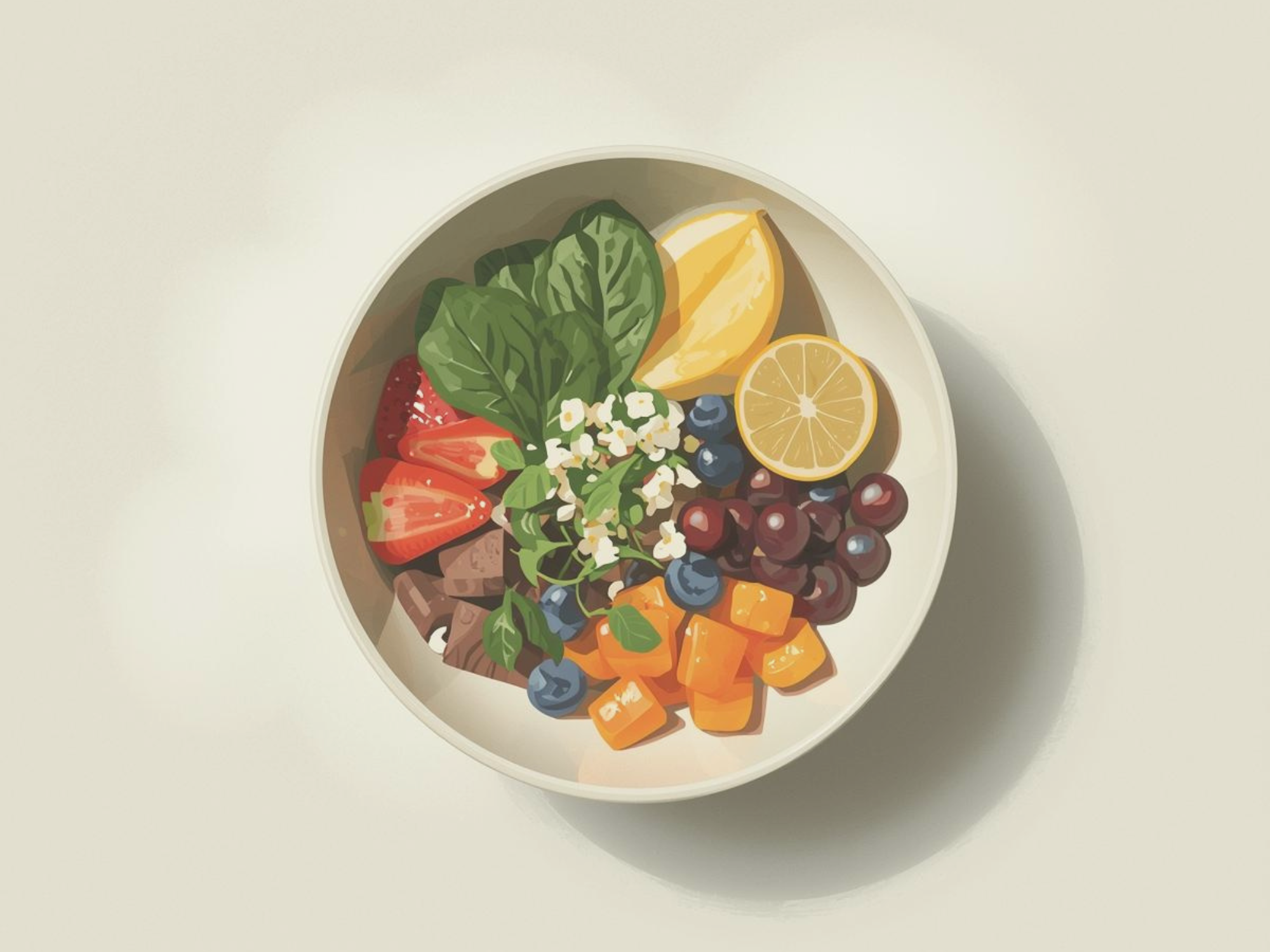 A bowl of fresh salad with strawberries, spinach, lemon, blueberries, grapes, diced mango, and white flowers