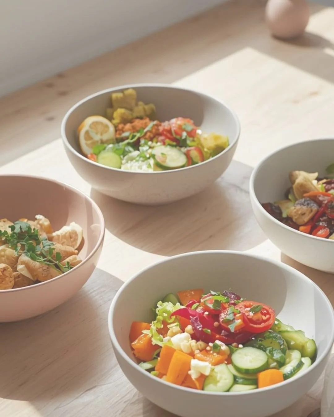4 salad bowls on a wooden surface filled with fresh healthy food for a balanced, fibre rich lunch or enjoyable meal.