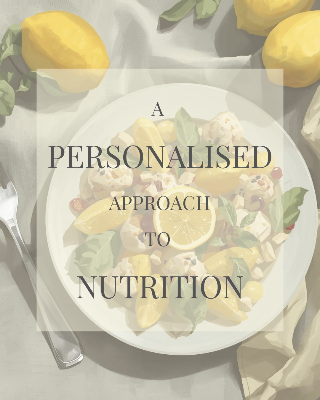 A plate of chicken Caesar salad with lemon slices, greens, and croutons, surrounded by lemons and a fork on a light-colored table.