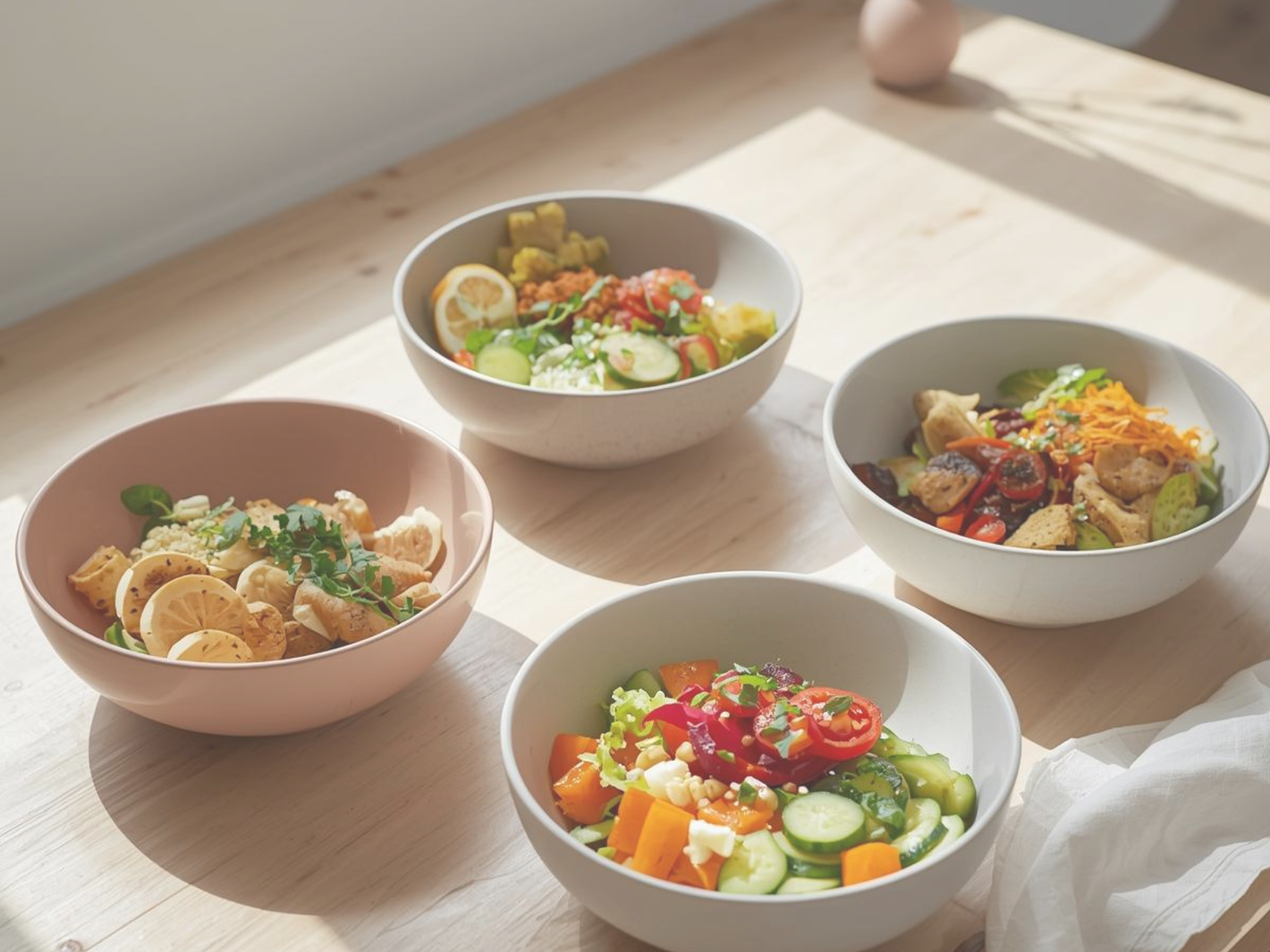 Five bowls of colorful salads with various vegetables, chicken, and toppings arranged on a wooden table in sunlight.