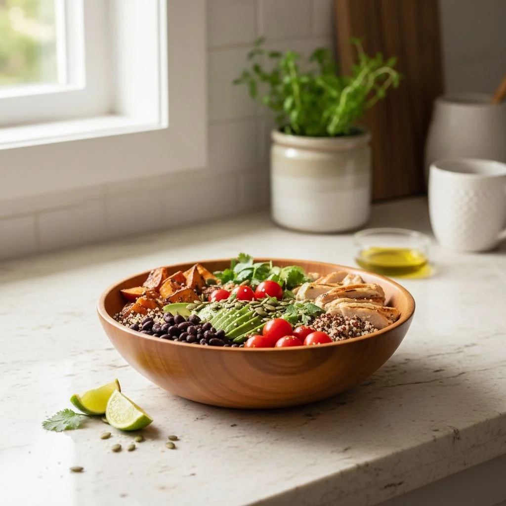 A fibre rich salad bowl of cherry tomatoes, avocado, sweet potato, herbs, beans and sprinkled with gut loving seeds in a wooden bowl with a sliced lime on the counter to show a balanced meal by a nutritionist.