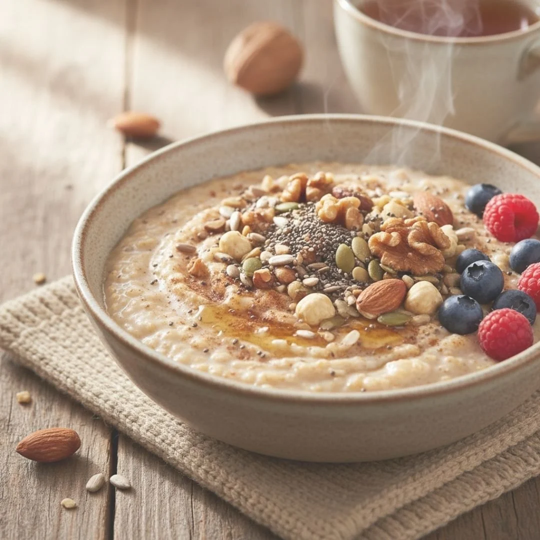 A nourishing warming bowl of porridge with blueberries and raspberries sprinkled with nuts and seeds to show a nutritional, gut healthy breakfast for sustained energy throughout the day.