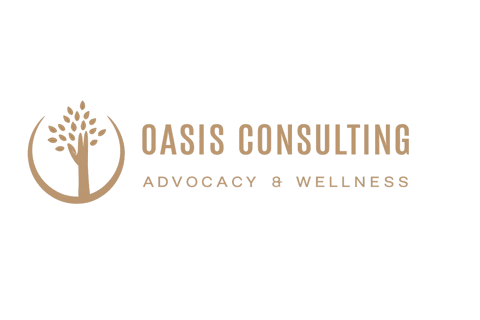Logo for Oasis Consulting with a stylized tree inside a circle and the words "Oasis Consulting Advocacy & Wellness" in beige text on a black background.