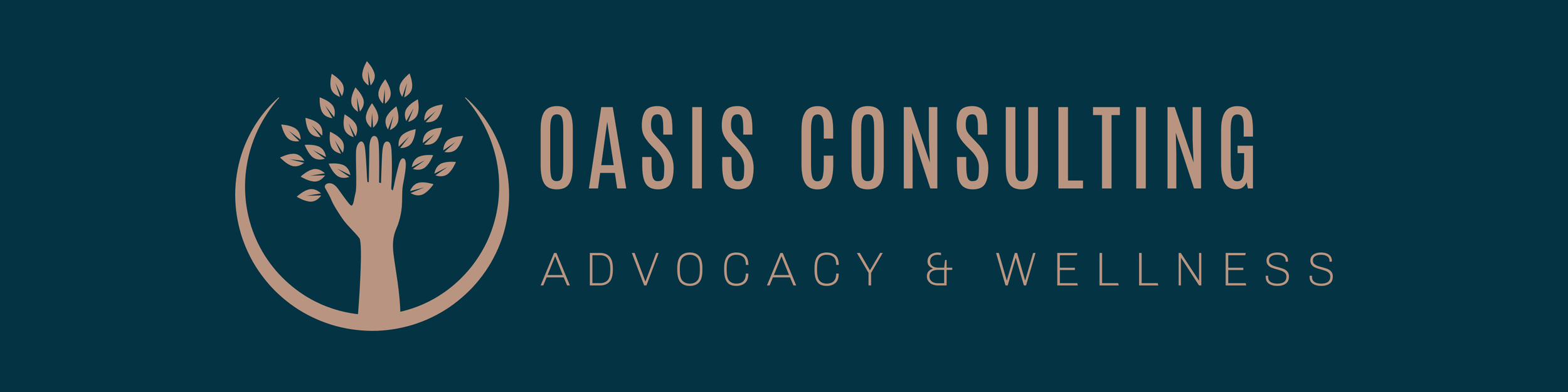 Logo for Oasis Consulting featuring a stylized tree with a hand at its center and the text "Oasis Consulting Advocacy & Wellness"