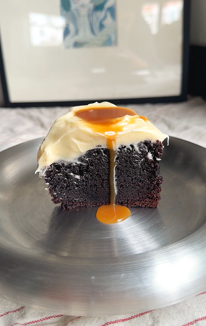 Guinness cake with miso caramel and brown butter cream cheese