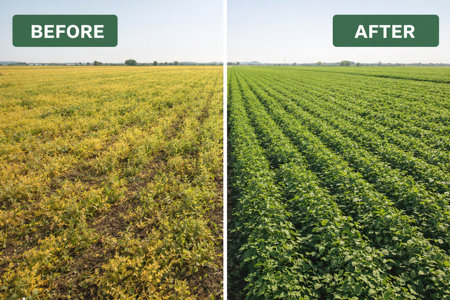 Comparison of a yellowed, sparse crop field labeled 'Before' and a lush, green crop field labeled 'After' under a clear sky.