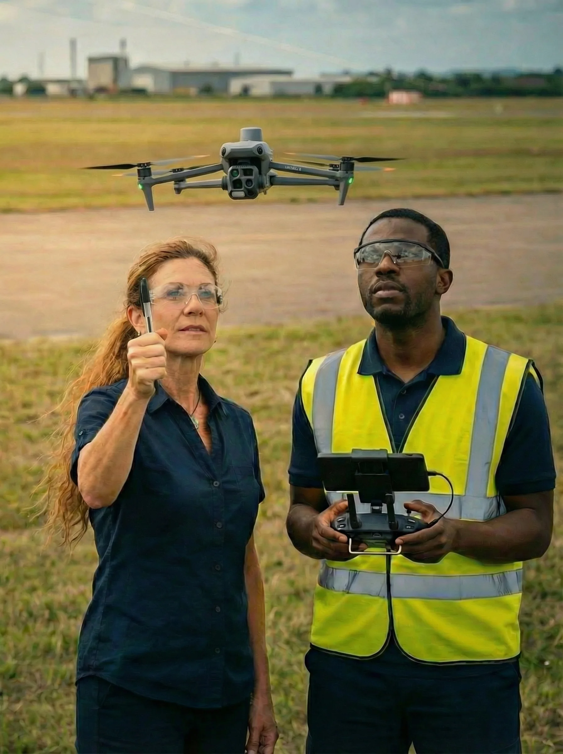 A drone teacher pilot giving a lesson to a trainee