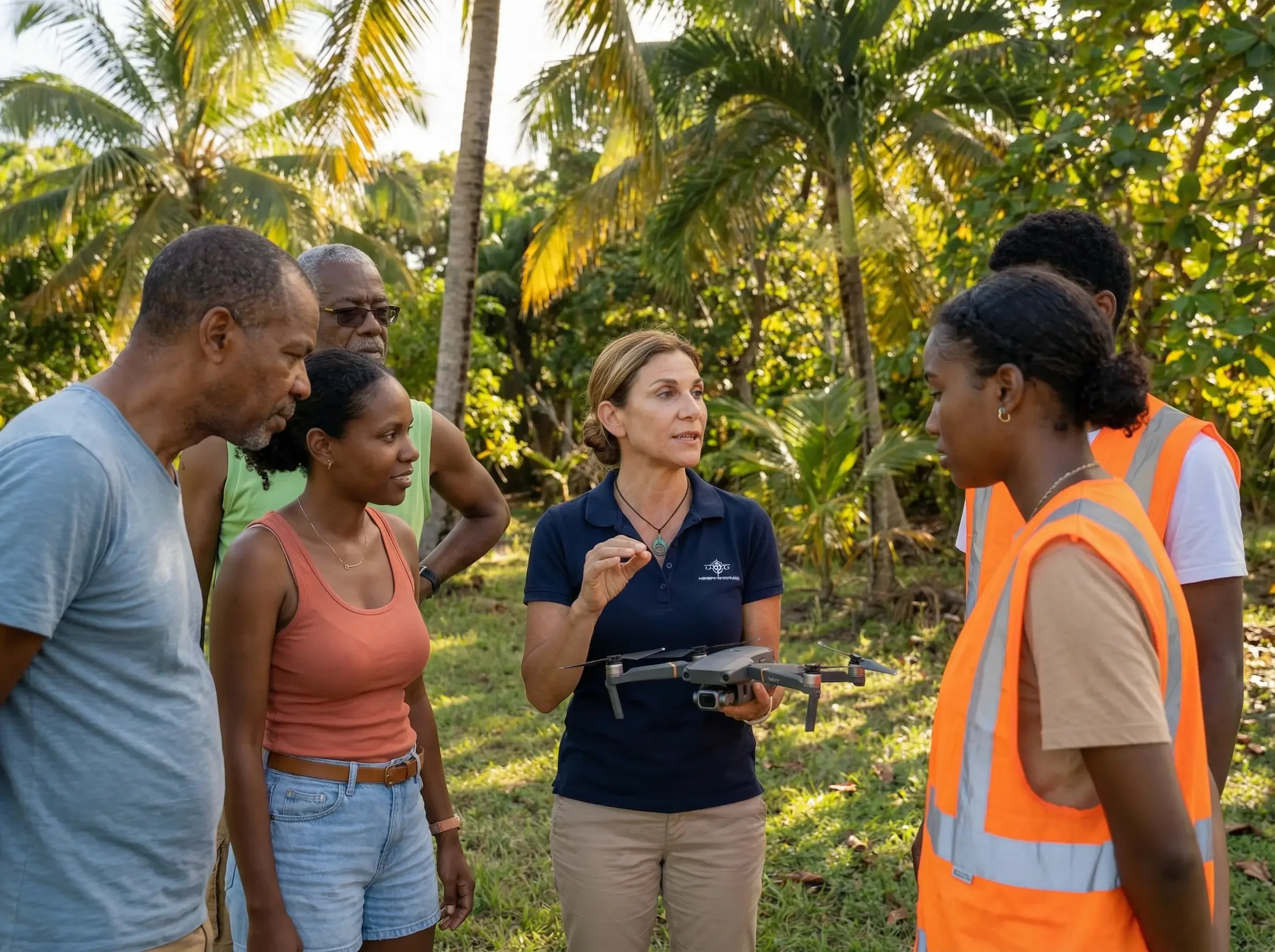 Une femme tenant un drone explique quelque chose a un groupe de personnes dans une zone tropicale avec des palmiers.