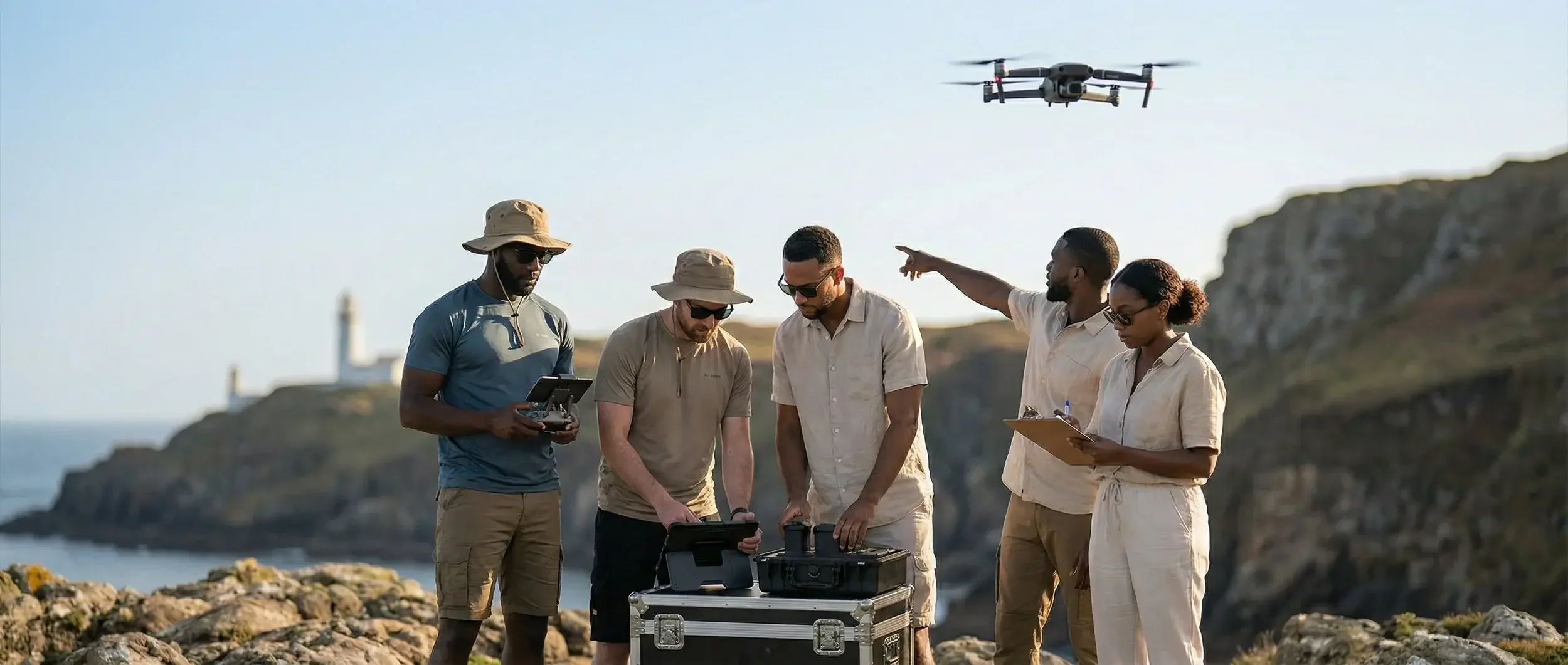Groupe de personnes en plein air à côté de la mer, manipulant des équipements de drone, avec un phare en arrière-plan.