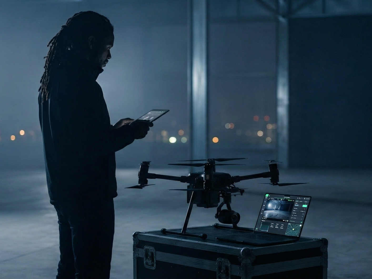 Homme avec des dreadlocks utilisant une tablette à côté d'un drone dans un hangar en soirée.