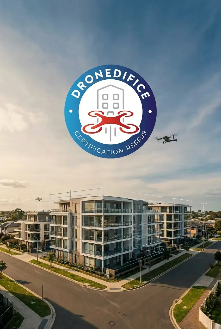 Une image d'un complexe résidentiel moderne avec plusieurs immeubles et une rue calme. Un drone vole dans le ciel avec un logo de certification de drones en surimpression.
