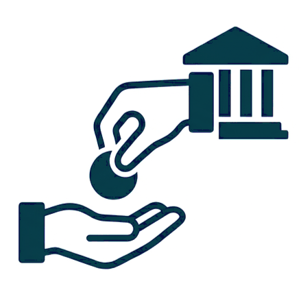 Une main recevant une pièce de monnaie d'une autre main provenant d'un bâtiment gouvernemental. Représentant un financement gouvernemental