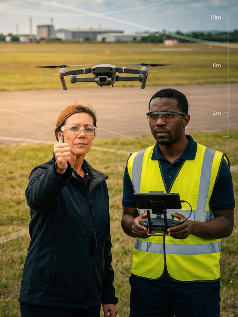 Une femme et un homme contrôlant un drone dans un champ