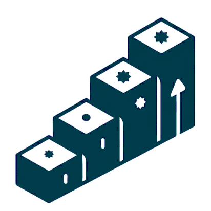 Illustration de quatre blocs de construction en 3D avec flèche indiquant une croissance ou une progression.