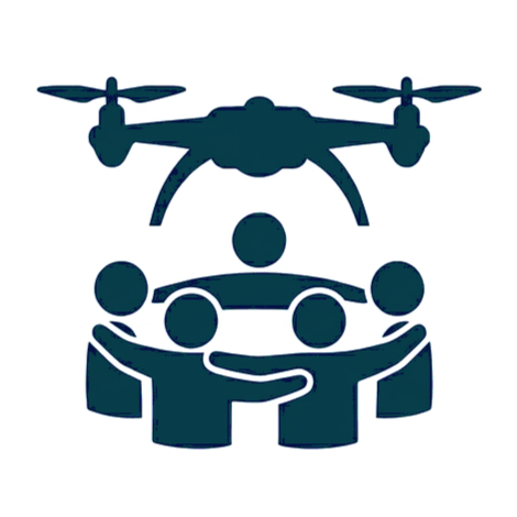 Icone représentant un drone volant au-dessus de quatre personnes qui semblent collaborer ou discuter.