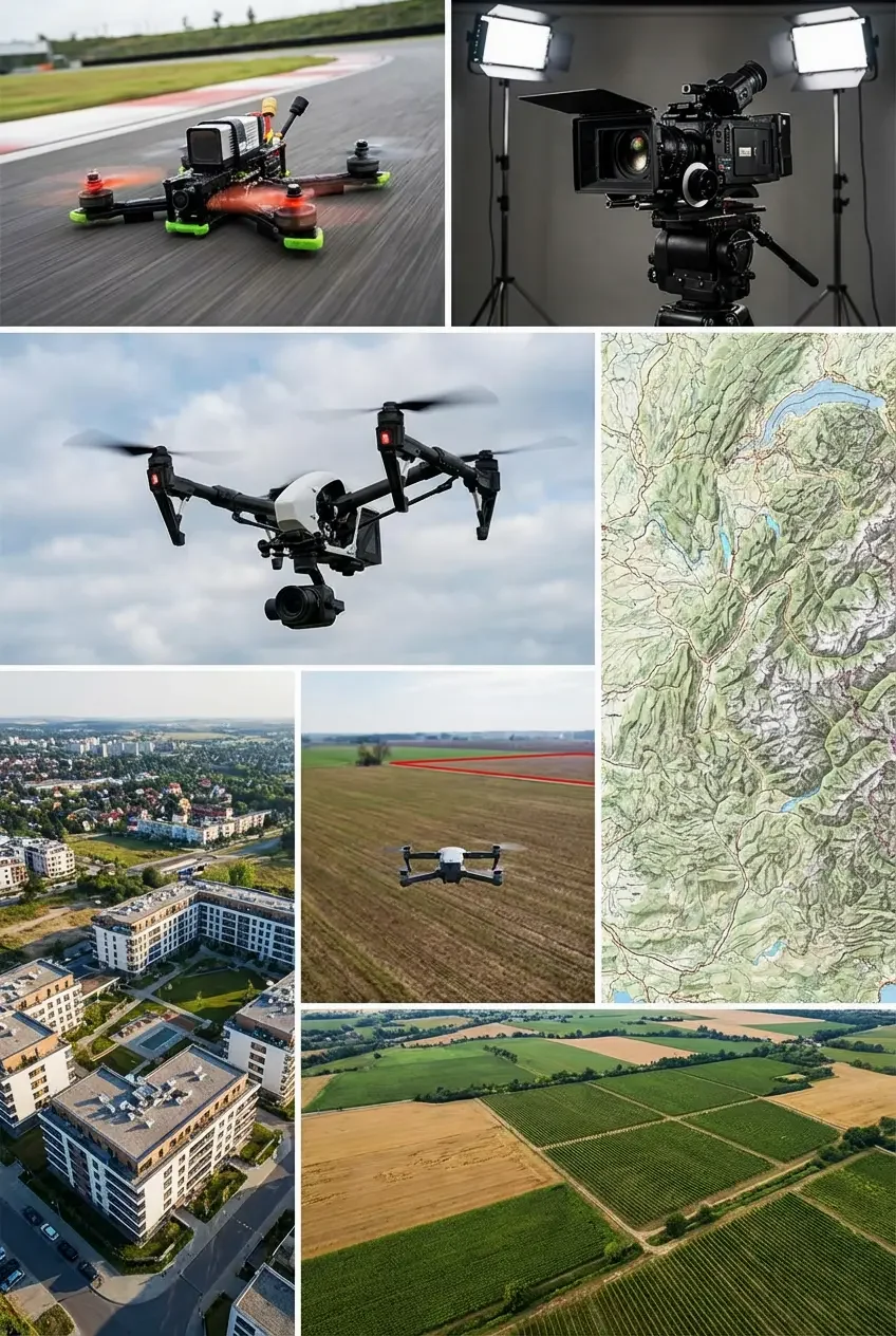 Collage de drones de course, drone volant en extérieur, caméra professionnelle, drone agricole, cartes topographiques, vue aérienne de la ville et des champs agricoles.