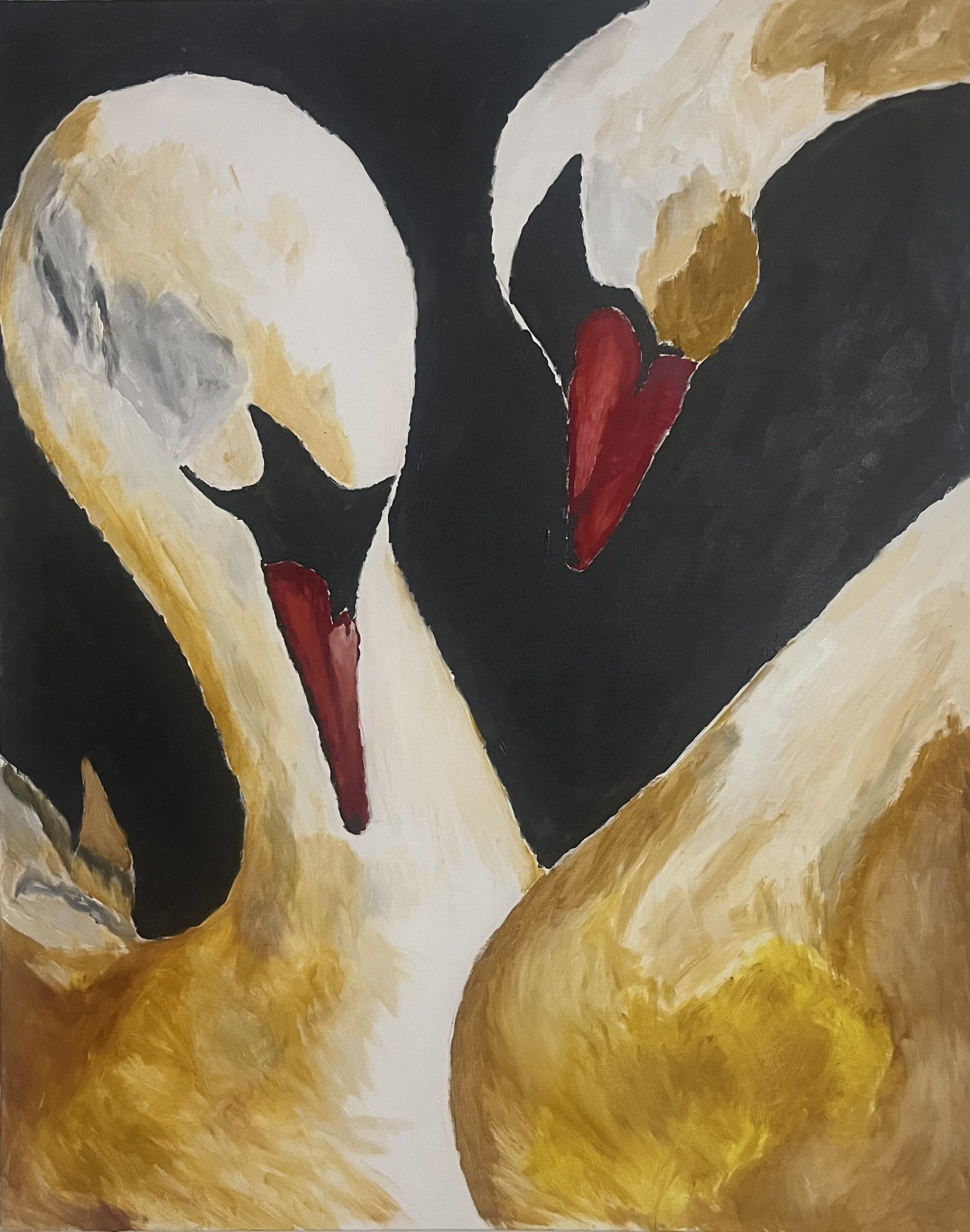 Painting of two swans forming a heart shape with their necks, using black, white, gold, and red colors.