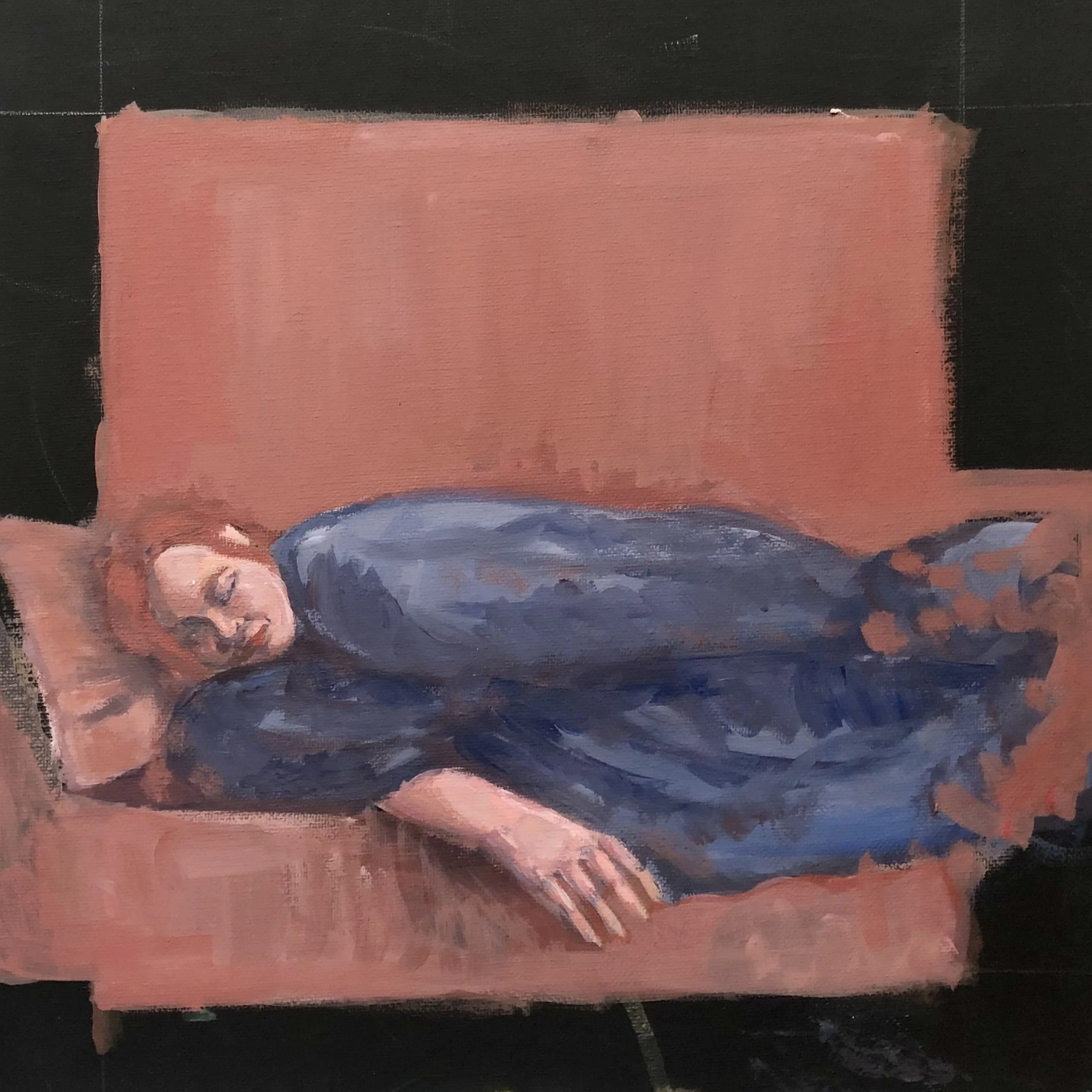 "yawning at the void", acrylic on salvaged canvas, 12"x12",  2024