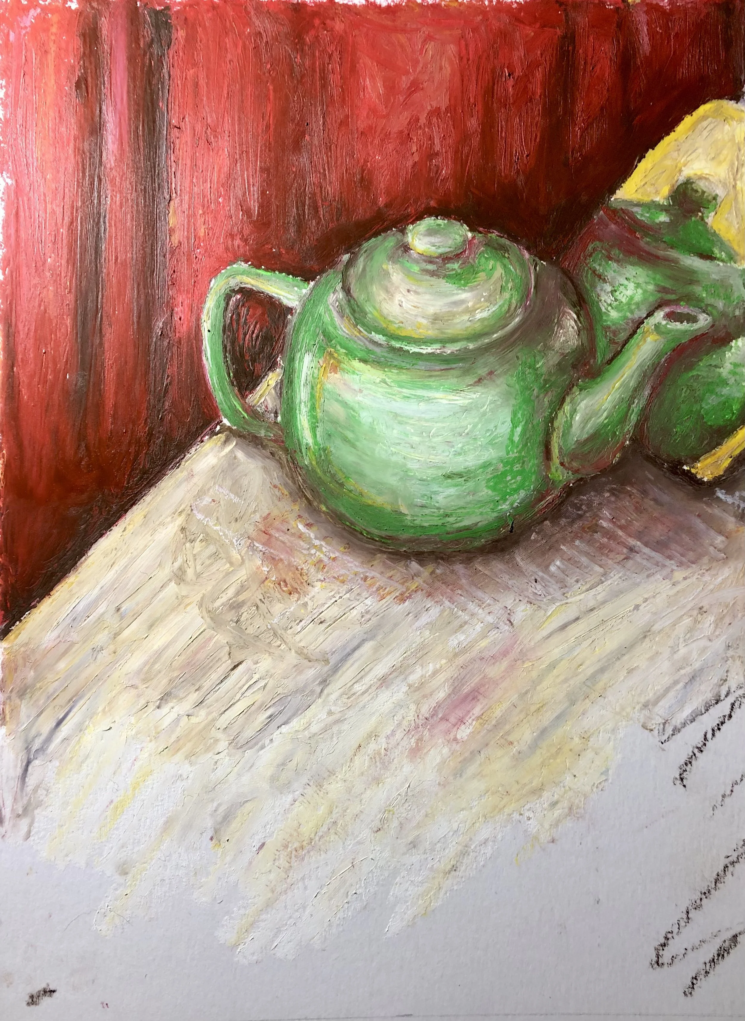 "still life (teapot)", oil pastel, 9"x12", 2023
