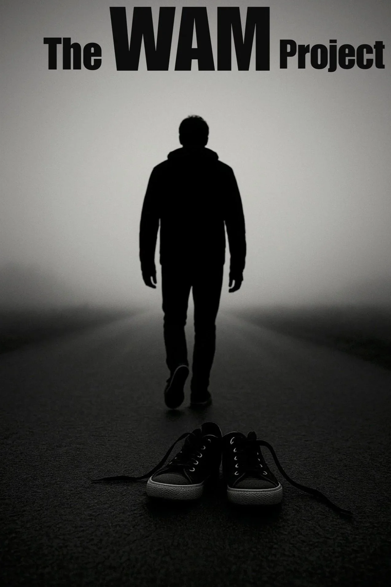 Silhouette of a person walking towards a pair of black sneakers on a dark road, with the words 'The WAM Project' in large black letters at the top.