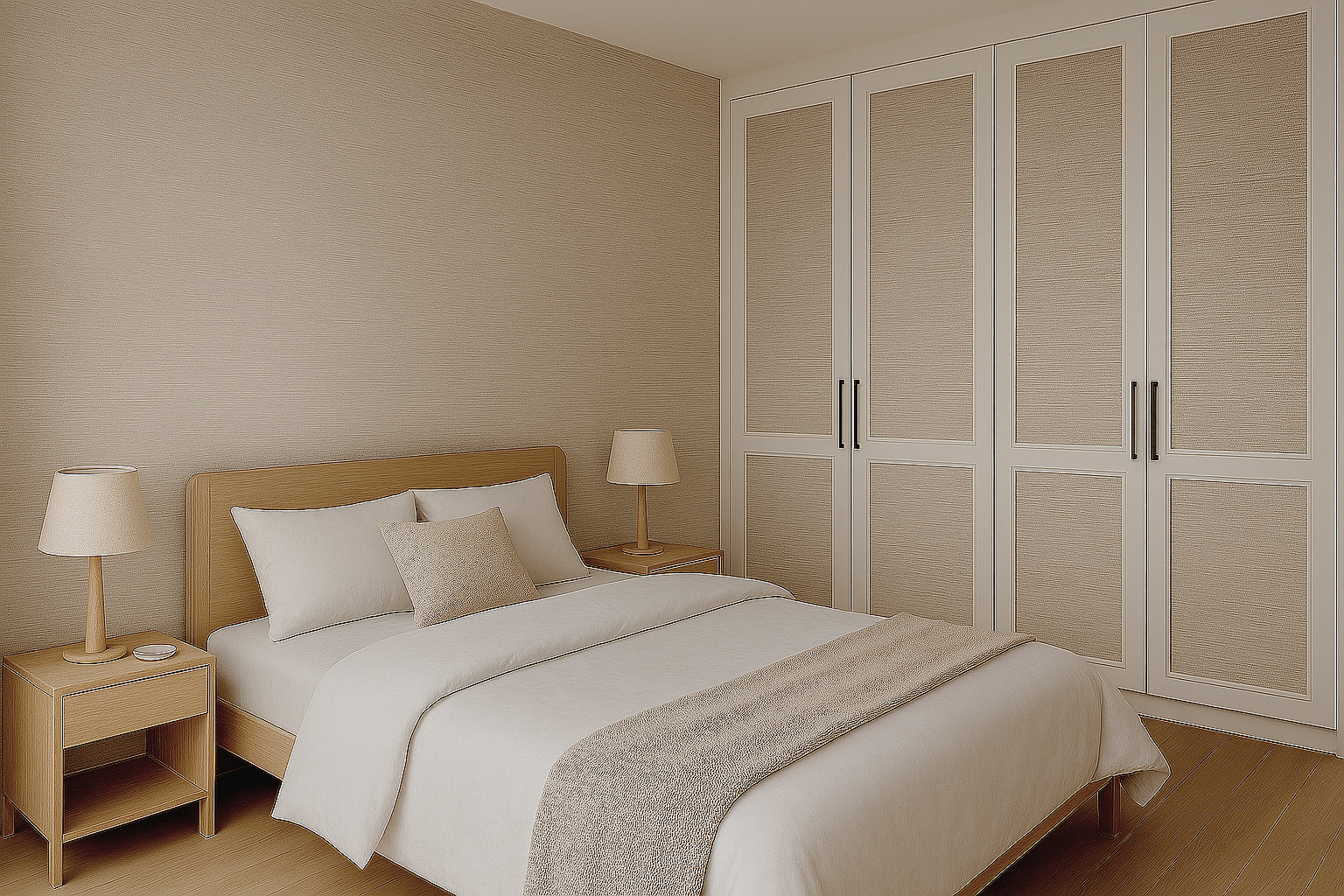 A minimalistic bedroom with a wooden bed, white bedding, beige pillows, two matching nightstands with lamps, and a large white wardrobe with textured doors.