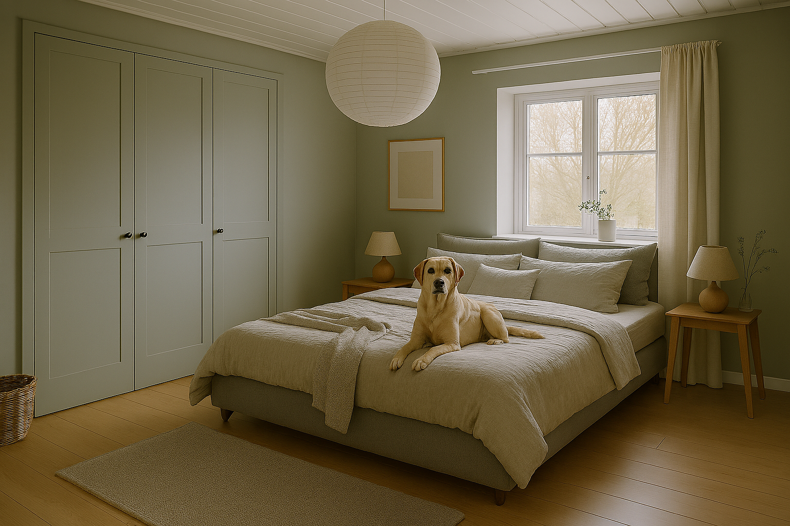 A bedroom with a large bed, beige bedding, nightstands with lamps, a window with cream curtains, and a yellow Labrador Retriever lying on the bed.