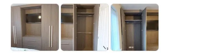 A collage of four wardrobe or closet doors, some open and some closed, showing interior shelving and hanging space.