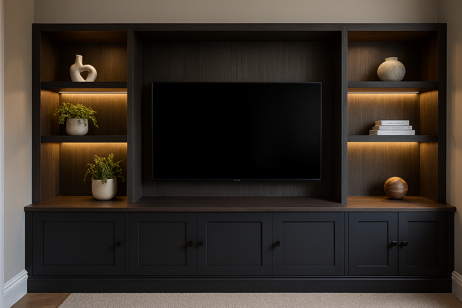 Made‑to‑measure media wall with integrated storage and TV housing