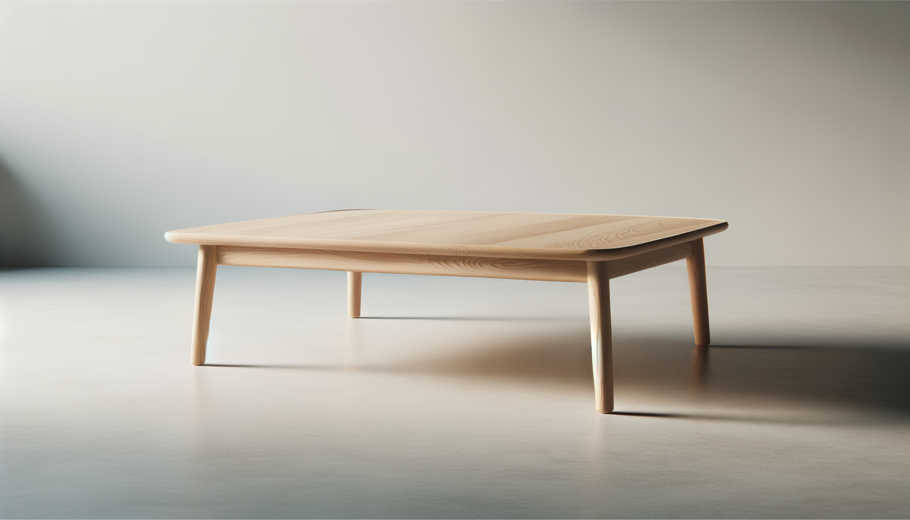 Minimalist wooden coffee table with angled legs on a light surface against a neutral background.